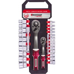 Cliquets 1/4" et 1/2" 72 dents avec 23 douilles de 4 à 24mm et rallonges - présentoir de 12 pc DRAKKAR TOOLS  67670