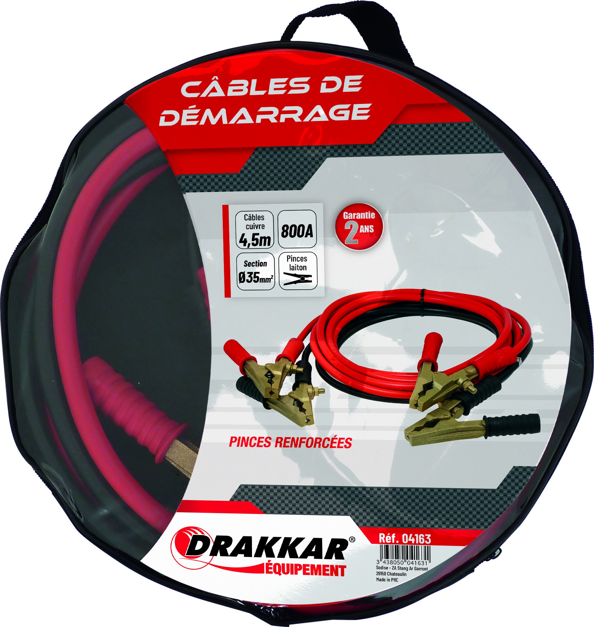 Jeu de cables de démarrage pinces laiton renforcées 800 Ampères -DRAKKAR  S04163 - MATOUTILS