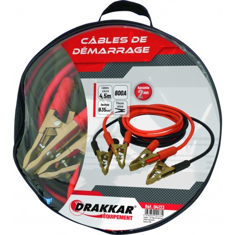 Jeu de cables de démarrage cuivre souple pinces laiton 800 Ampères  DRAKKAR- S04133