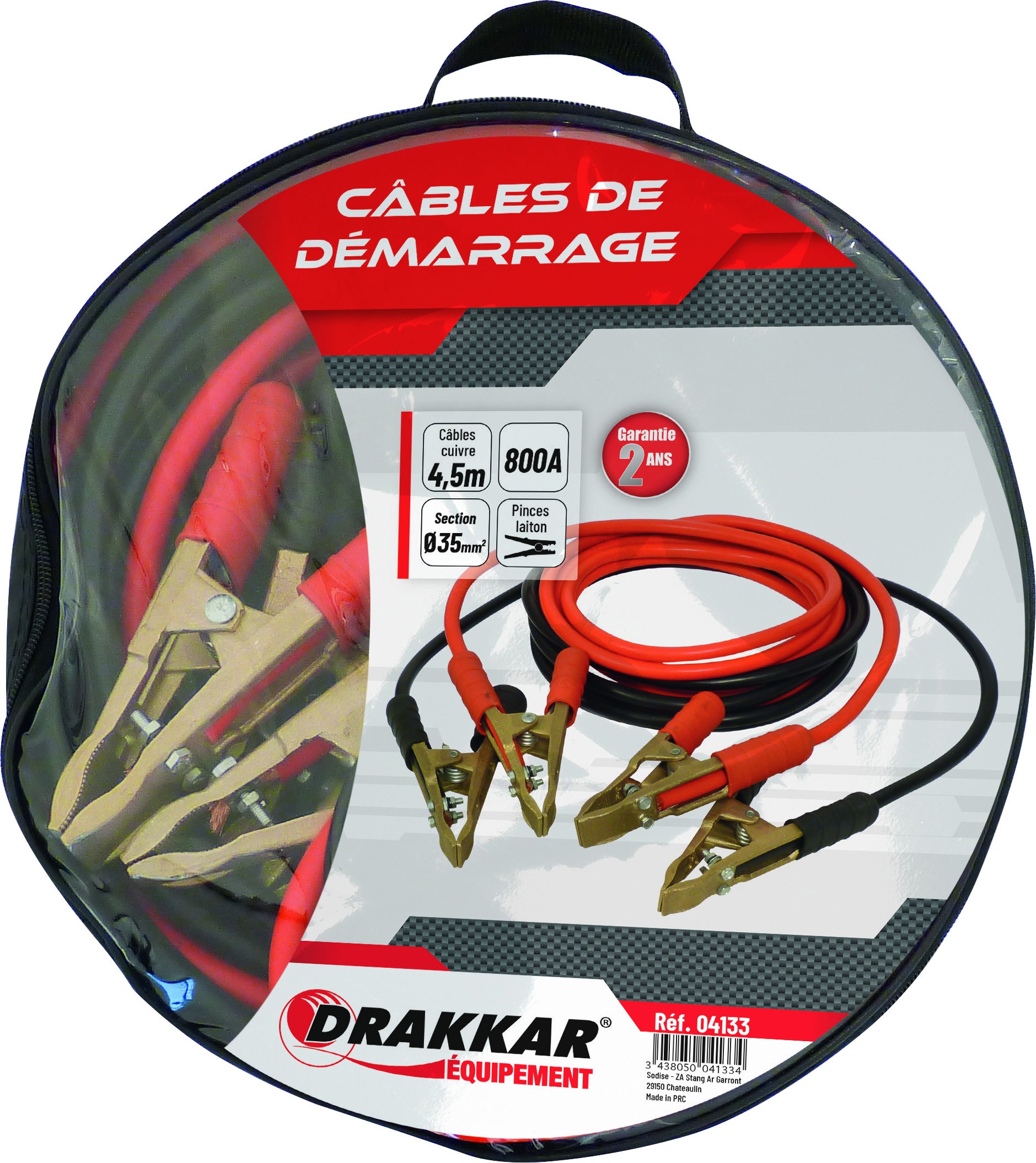 Jeu de cables de démarrage cuivre souple pinces laiton 800 Ampères DRAKKAR-  S04133 - MATOUTILS