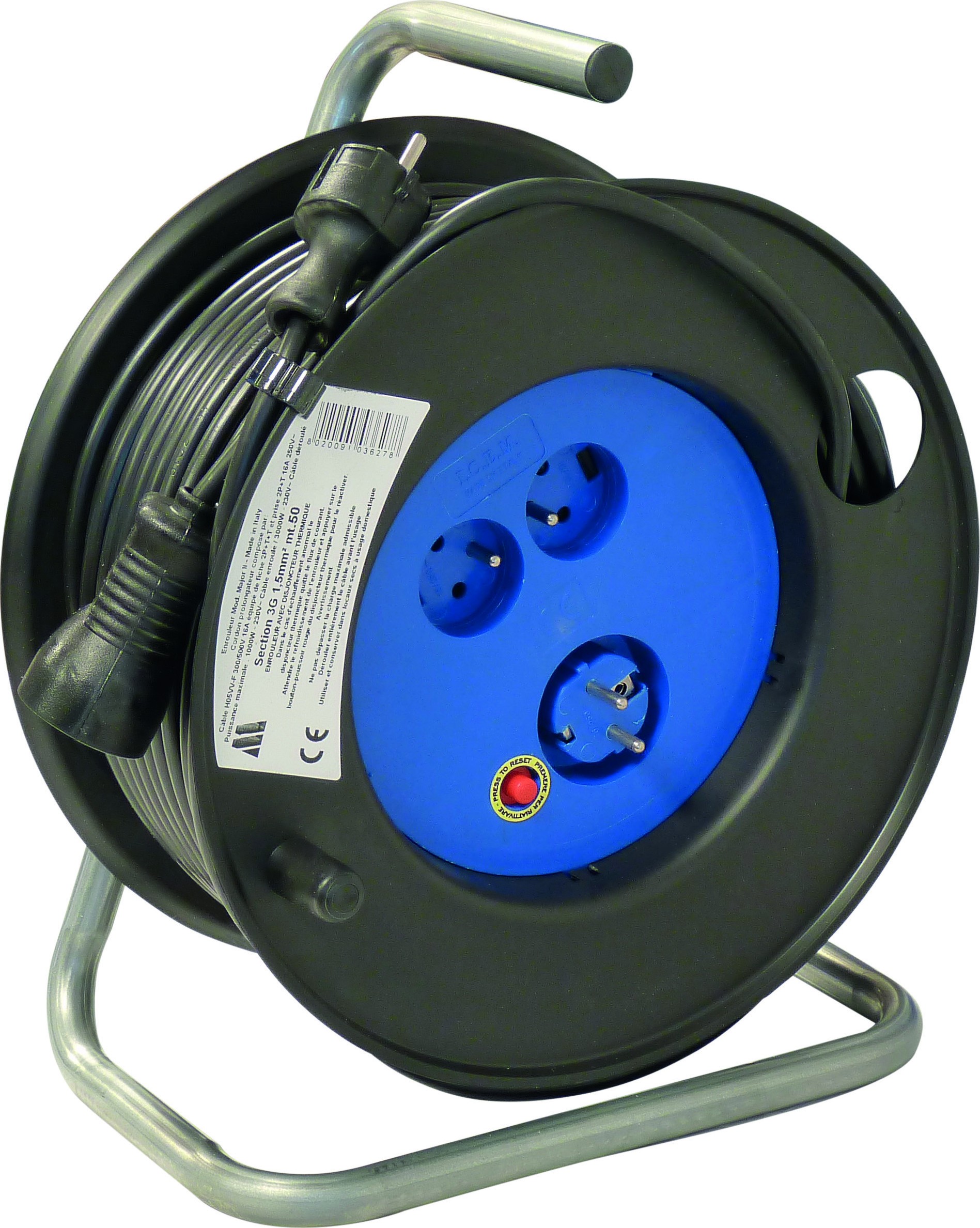 1 5 Ou 2 5 Pour Prise De Courant Enrouleur électrique Major 50M 3G 1.5 mm 2 prises 3000 watts - S01535 - MATOUTILS